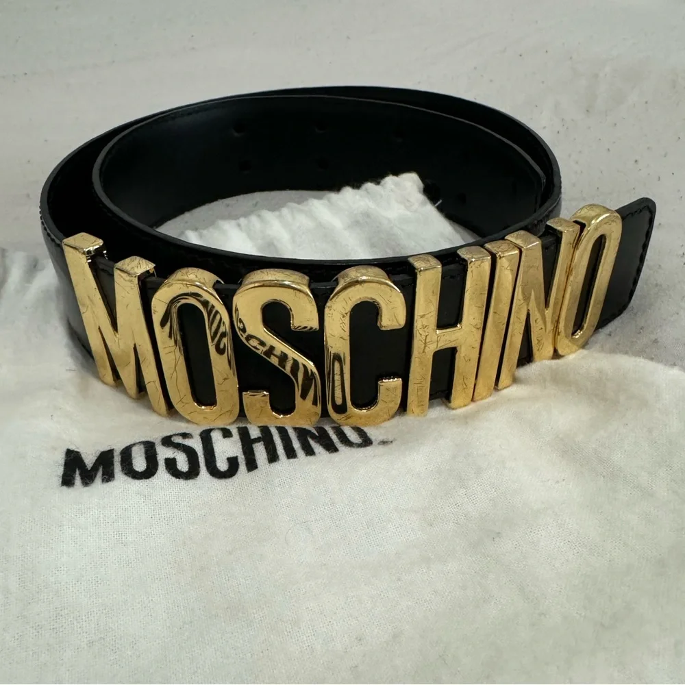 Moschino Black Leather Logo Belt Gold Hardware Size 38 Made in Italy